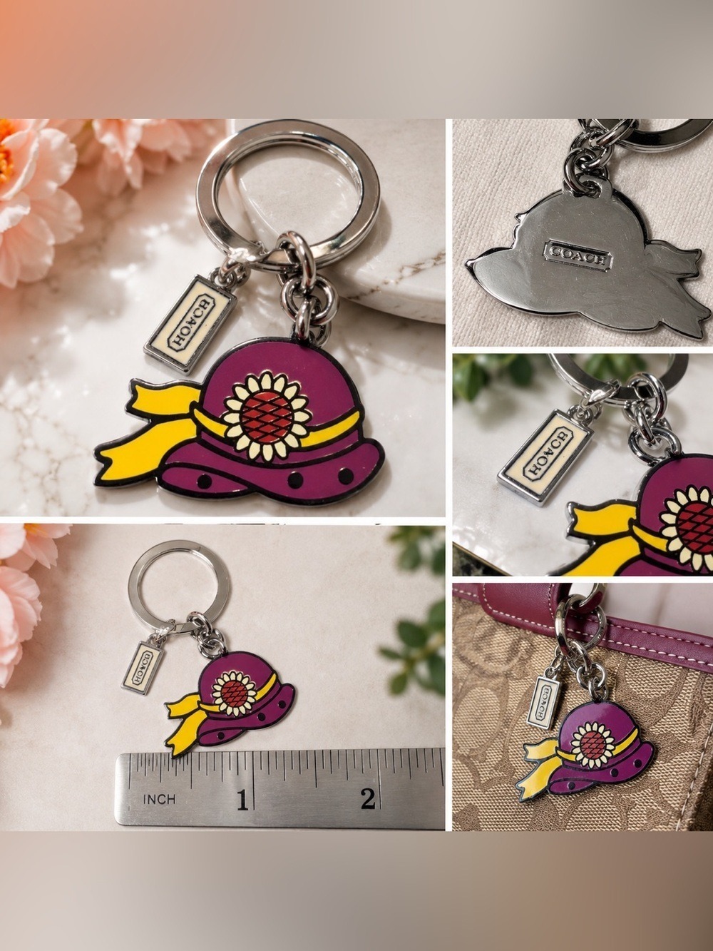 Coach Sunflower Hat Keychain Charm Purple Yellow Enamel Key Ring